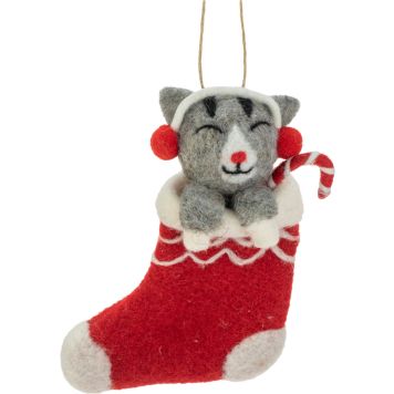 Jõuludekoratsioon Kass soki sees 13 cm. punane/hall