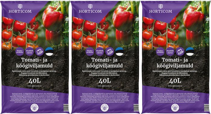 3 kotti Tomati- ja köögiviljamuld Horticom 40 l