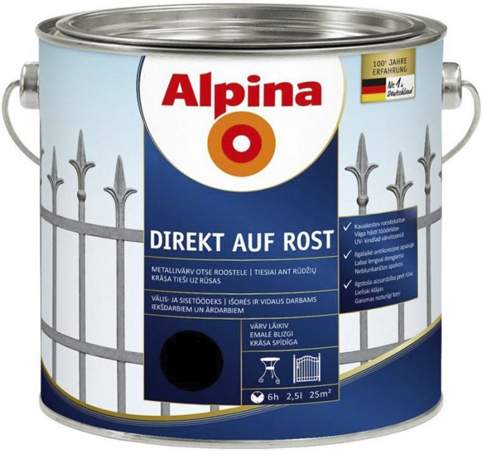 Metallivärv Alpina Direkt Auf Rost 2,5 l, must läikiv