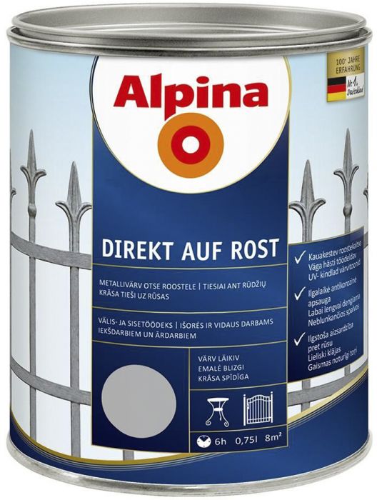 Metallivärv Alpina Direkt Auf Rost 750 ml, veinipunane läikiv