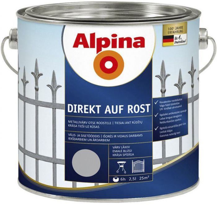 Metallivärv Alpina Direkt Auf Rost 2,5 l, hall läikiv