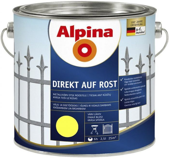 Metallivärv Alpina Direkt Auf Rost 2,5 l, kollane läikiv