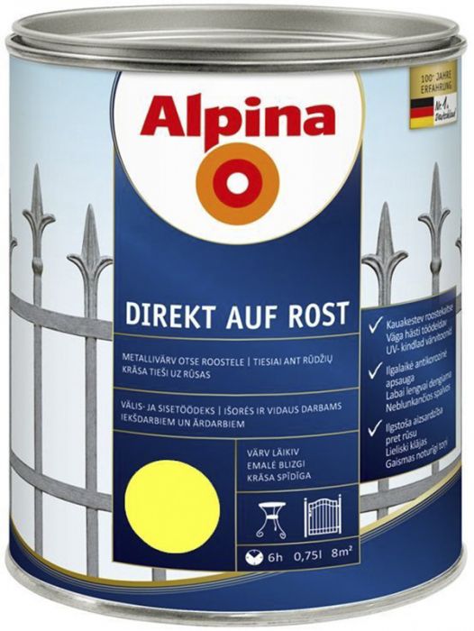 Metallivärv Alpina Direkt Auf Rost 750 ml, kollane läikiv