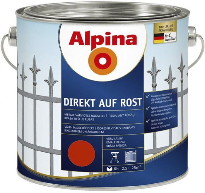 Metallivärv Alpina Direkt Auf Rost 2,5 l, punane läikiv