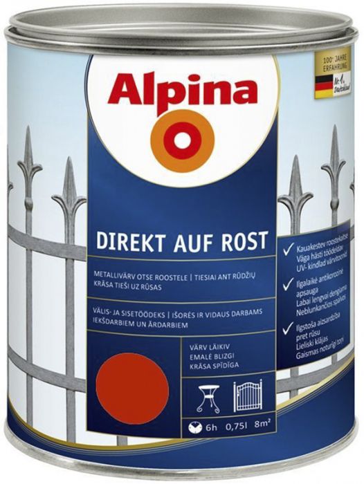 Metallivärv Alpina Direkt Auf Rost 750 ml, punane läikiv