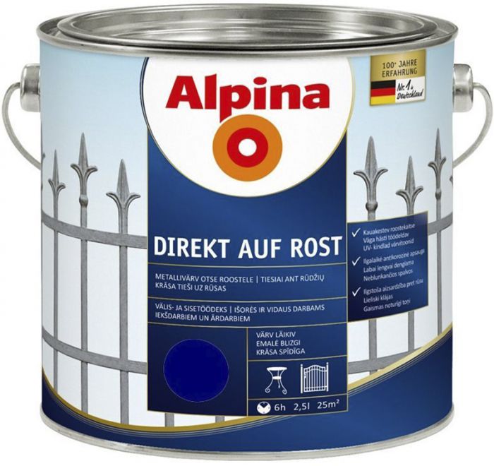 Metallivärv Alpina Direkt Auf Rost 2,5 l, tumesinine läikiv