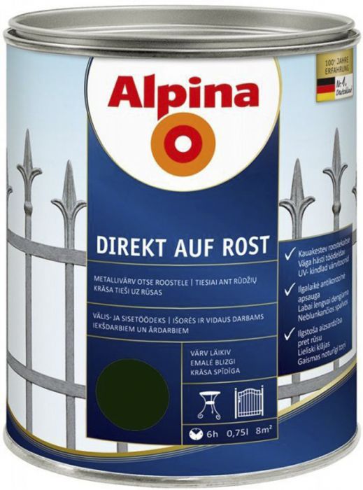 Metallivärv Alpina Direkt Auf Rost 750 ml, tumeroheline läikiv