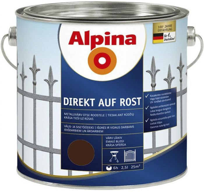 Metallivärv Alpina Direkt Auf Rost 2,5 l, šokolaadipruun läikiv