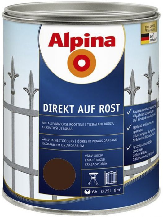 Metallivärv Alpina Direkt Auf Rost 750 ml, pähklipruun läikiv
