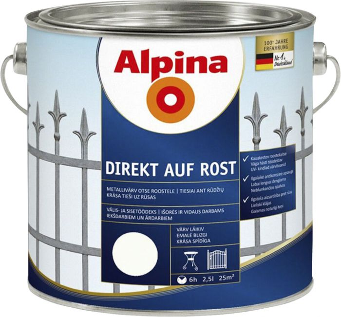 Metallivärv Alpina Direkt Auf Rost 750 ml, valge läikiv