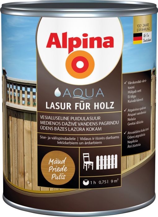 Puidulasuur Alpina Aqua Lasur Für Holz 0,75 l mänd