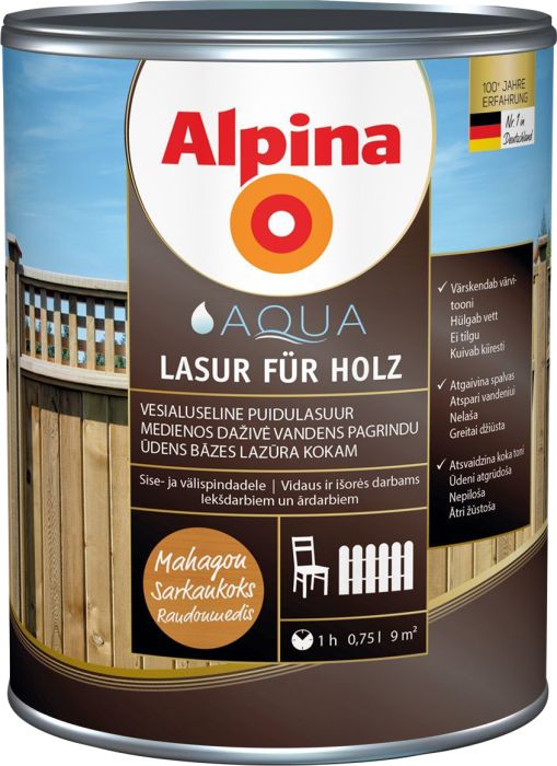 Puidulasuur Alpina Aqua Lasur Für Holz 0,75 l mahagon
