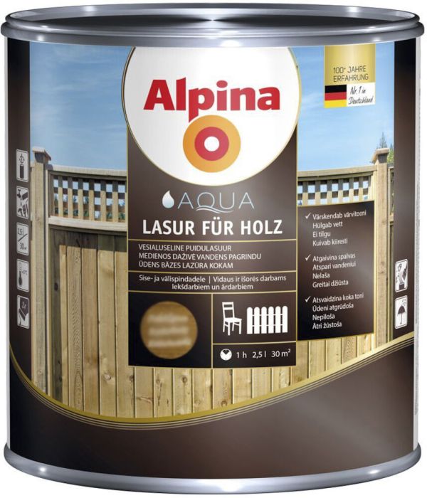 Puidulasuur Alpina Aqua Lasur Für Holz 2,5 l mahagon