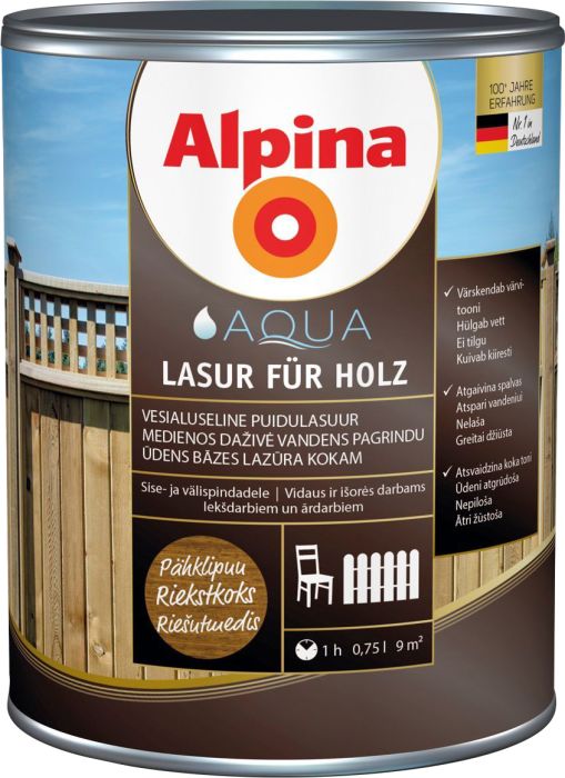 Puidulasuur Alpina Aqua Lasur Für Holz 0,75 l pähkel