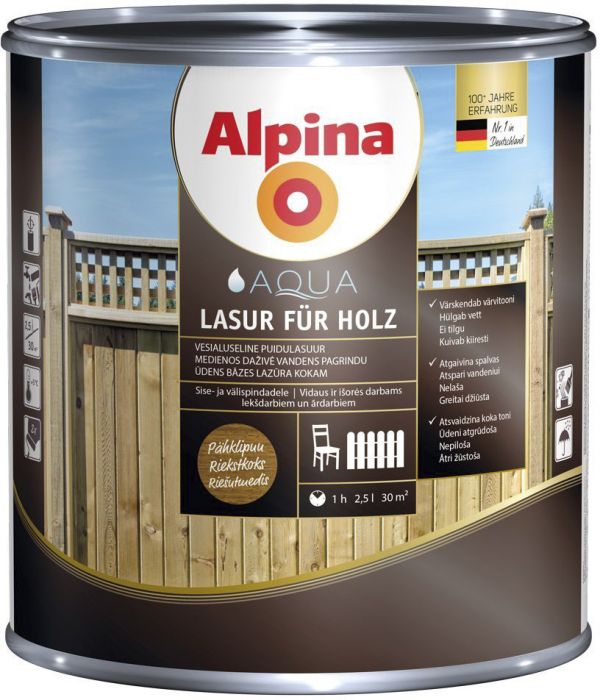 Puidulasuur Alpina Aqua Lasur Für Holz 2,5 l pähkel
