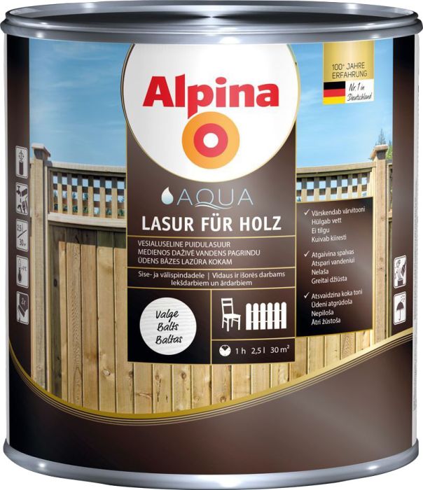 Puidulasuur Alpina Aqua Lasur Für Holz 2,5 l valge