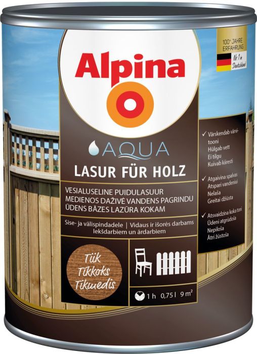 Puidulasuur Alpina Aqua Lasur Für Holz 0,75 l tiik