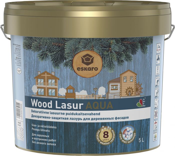 Dekoratiivne puidukaitsevahend Eskaro Wood Lasur Aqua valge 5 l