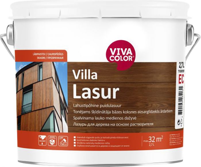 Lahustipõhine puidulasuur Vivacolor Villa Lasur EC ainult toonimiseks 2,7 l