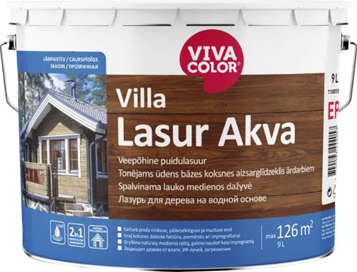 Veepõhine puidulasuur Vivacolor Villa Lasur Akva EC ainult toonimiseks 9 l