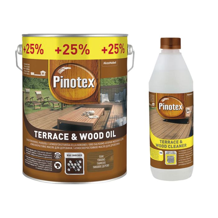 Puiduõli Pinotex Terrace & Wood Oil 4 l + 1 l, teak ja puitpindade pesuvahend 1 l