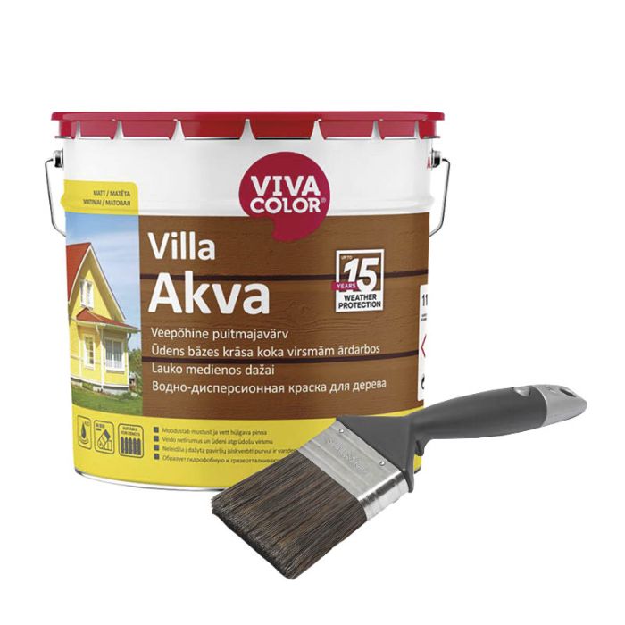 Puitmajavärv Vivacolor Villa Akva A valge 11,7 l ja pintsel Anza Elite 75 mm