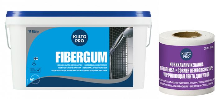 Hüdroisolatsioonimastiks Kiilto Pro Fibergum 14 kg ja nurgatugevduslint Kiilto Pro 10 cm x 25 m