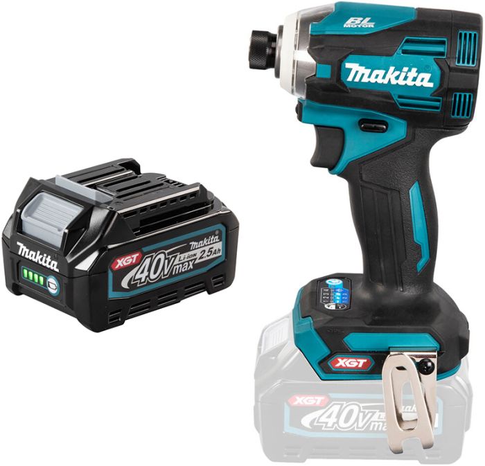Akulöökkruvikeeraja Makita XGT TD001GZ 40 V ja aku Makita BL4025 XGT 40 V 2,5 Ah