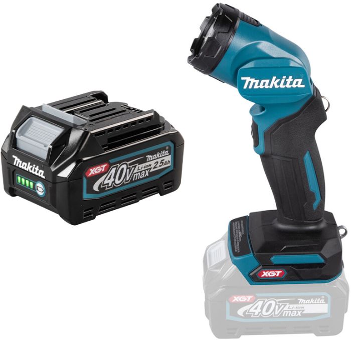 Akulamp Makita XGT ML001G 40 V ja aku Makita BL4025 XGT 40 V 2,5 Ah