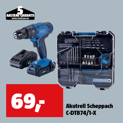 Akutrell Scheppach C-DTB74/1-X 20 V 74-osalise tarvikutekomplektiga