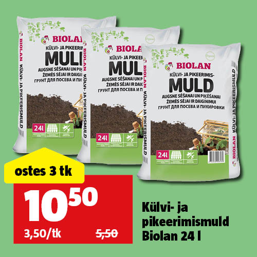 K&uuml;lvi- ja pikeerimismuld Biolan 24 l: ostes 3 tk, maksad 10,50&euro;